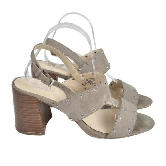 Nine West Block Chunky Heel Sandals Beige/Grey Open Toe Sling Back Size  10 - Picture 1 of 11